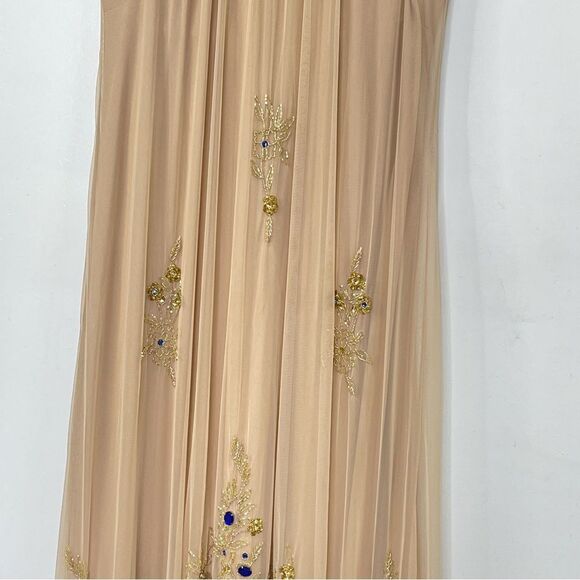Mac Duggal 9232 High Neck Jewel Hem Embellished Trapeze Nude Gold Gown, Size 14 - Picture 5 of 10